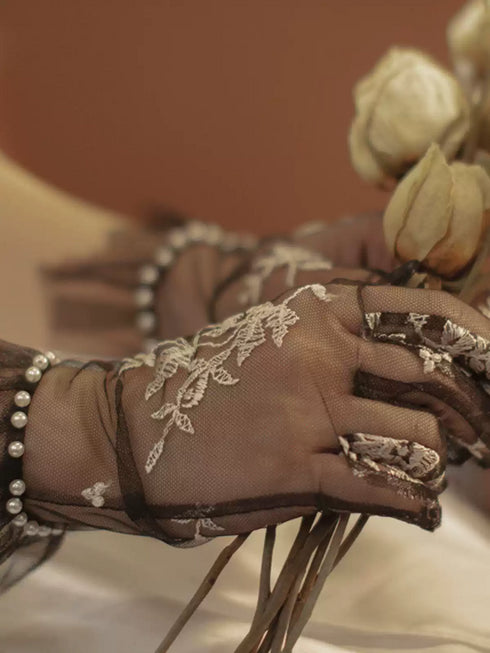 Gothic Black Lace Embroidered Bridal Gloves – Short Sheer Wedding Gloves with Pearl Accents